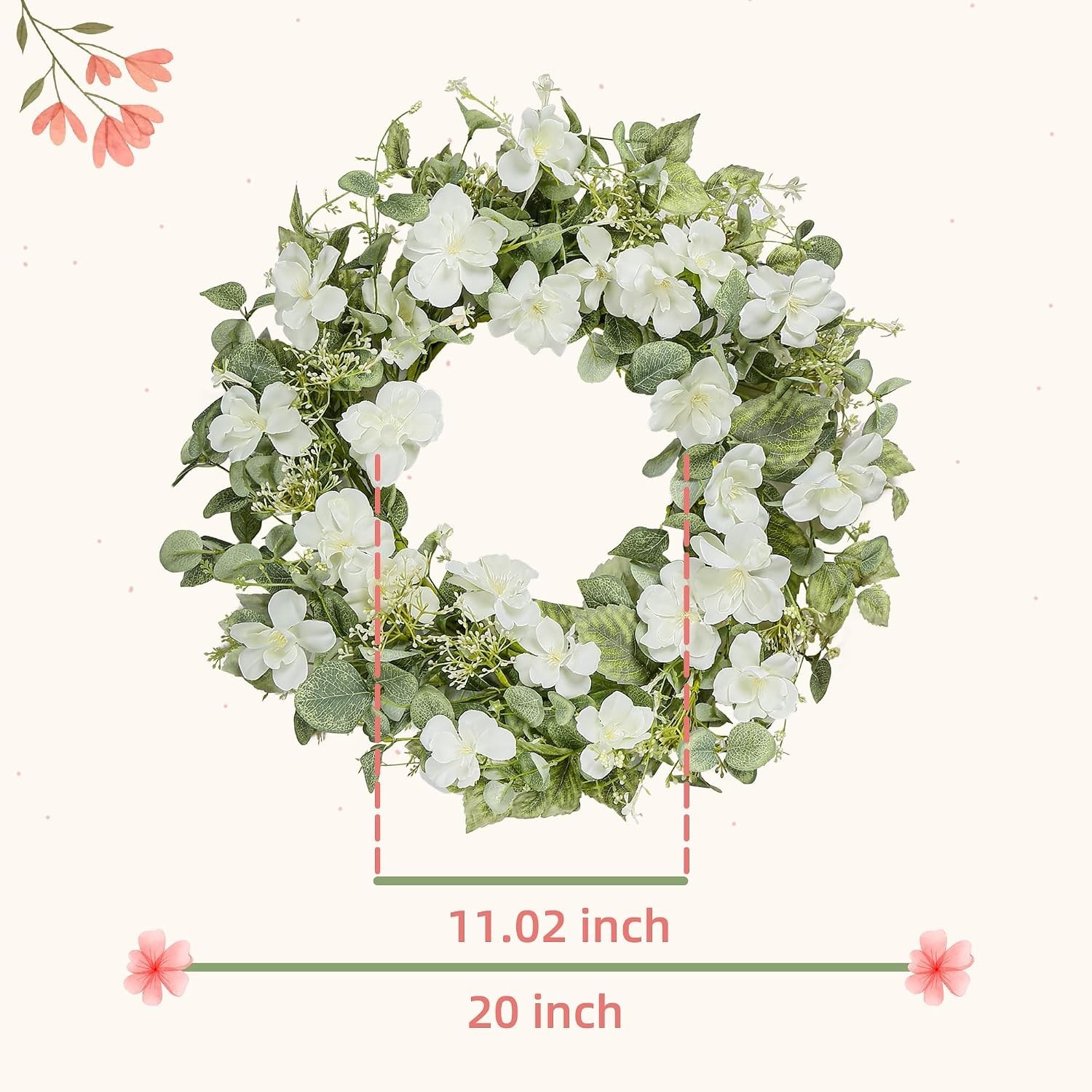 20-Inch Spring & Summer Artificial Floral Wreath with White Roses & Eucalyptus