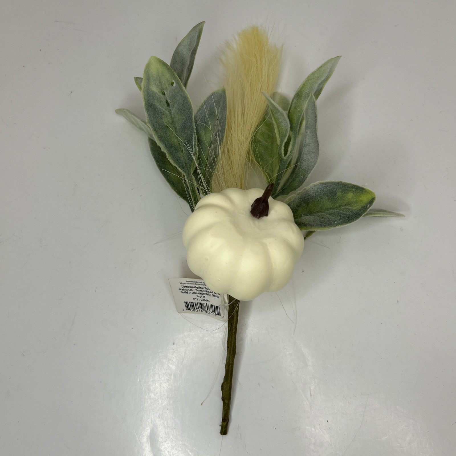 10 Artificial Fall Pumpkin Floral Pick W/Faux Lambs Ear & Feather Grass