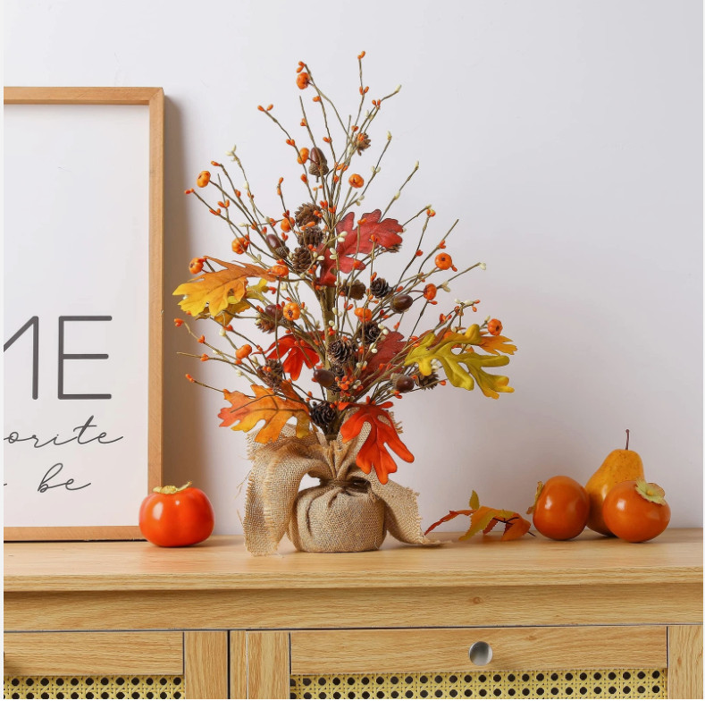 20″ H Fall Harvest Pumpkins Table Tree with Burlap Base Decorative Berries