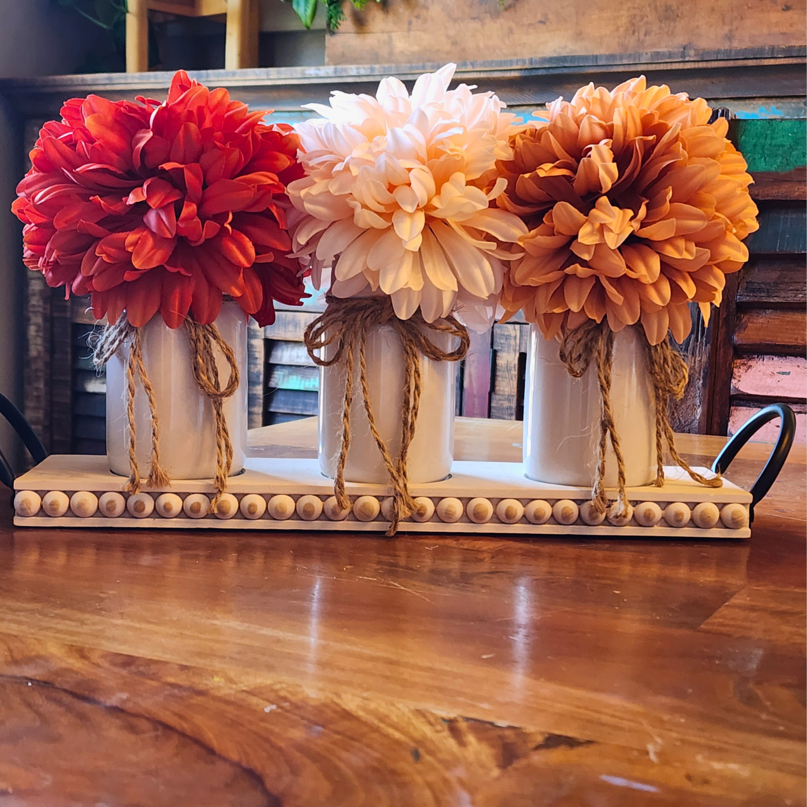 Fall Dahlia Floral Centerpiece – Vase Trio on Wood Tray – Farmhouse Table Decor