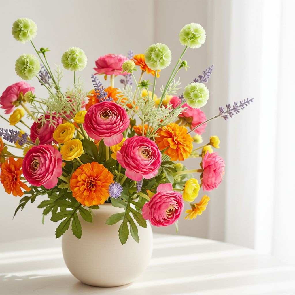 Artificial Scabiosa Flower Stems Green White Faux Wildflower Cottage Floral Fill