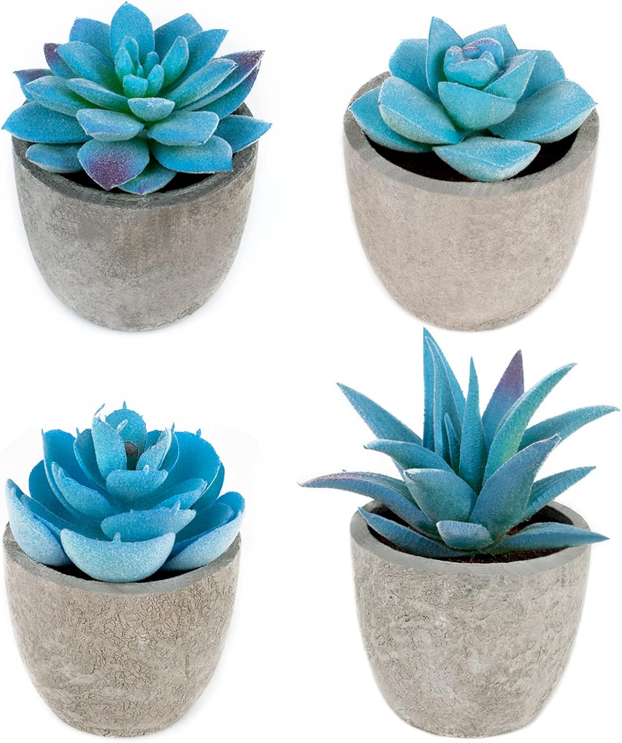 4 Pack Blue Fake Succulent Plants in Pots, Mini Potted Artificial Succulents for