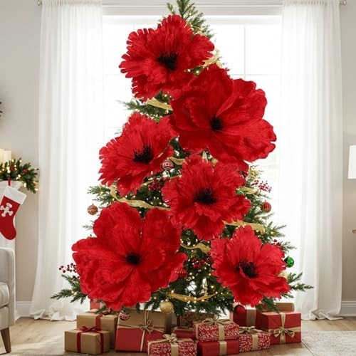 6 Pcs Red Velvet Poinsettia & Magnolia Flowers – Witch Party Decor, Wedding, Bir