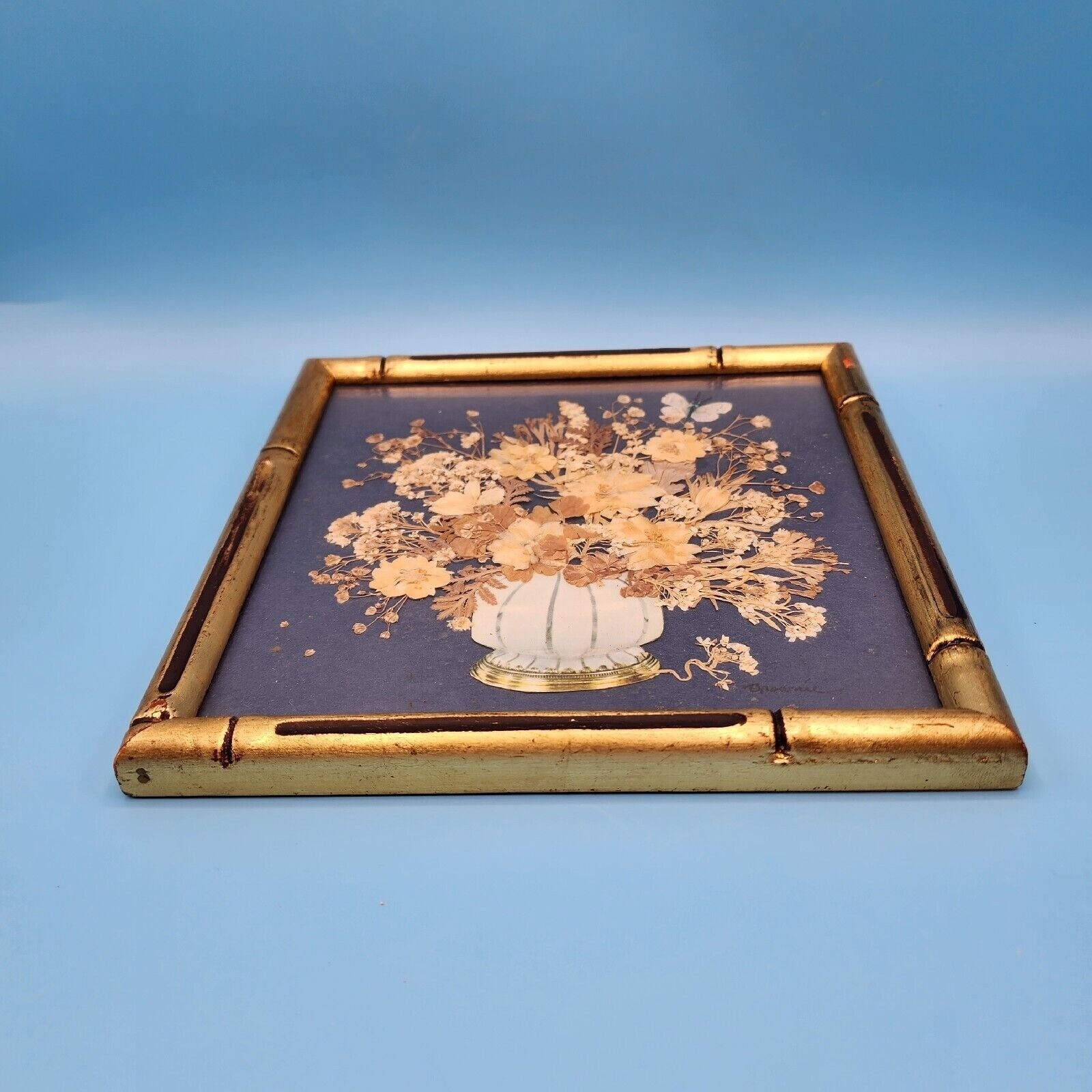 Garden Flowers of Summertime Pressed Flower Botanical Art Faux Bamboo Frame v2