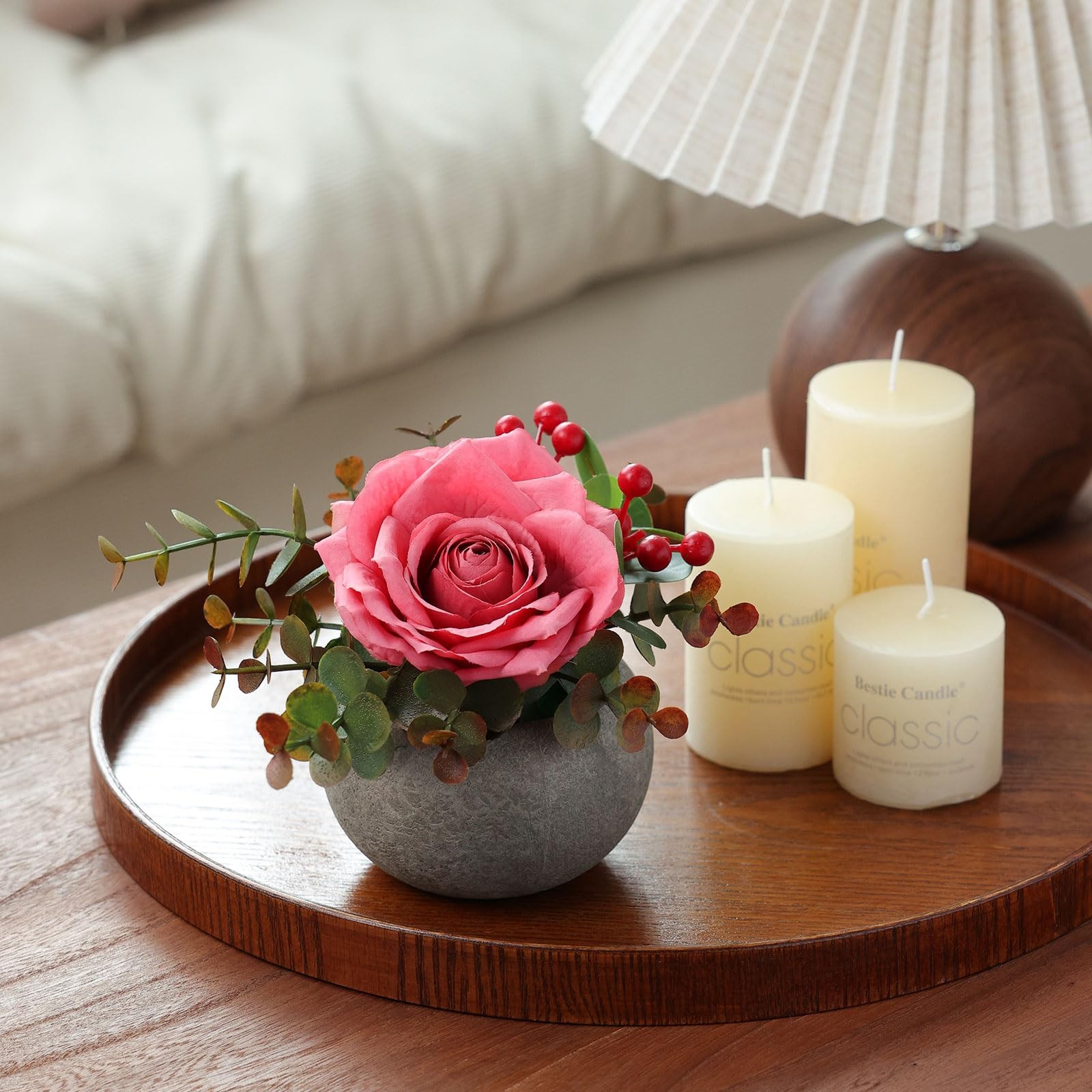 Pink DIY Small Artificial Flowers Potted Kit Realistic Silk Rose Vase Desk