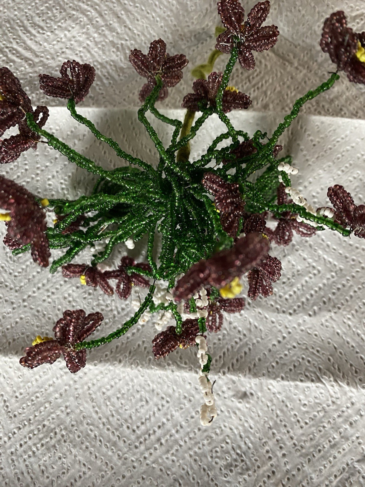 Vtg French Glass Beaded Purple Green Yellow Flower Bouquet Floral Arrangement