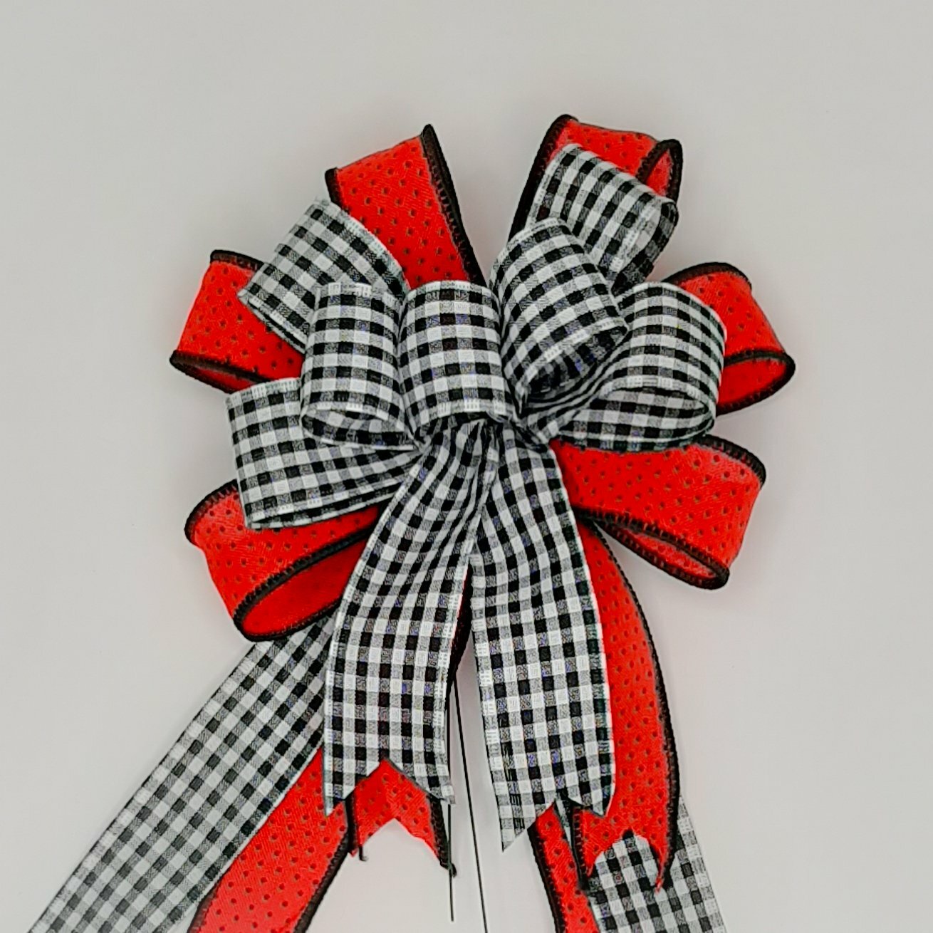 Wreath Bow, Red and Black Gingham Check, Dots