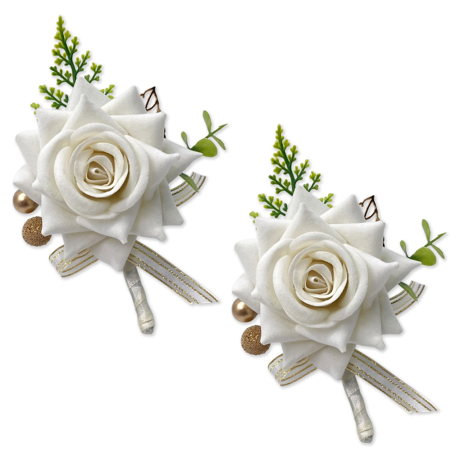 2 pcs Set Ivory Rose Boutonniere Flowers for Men Wedding Corsage Handcrafted