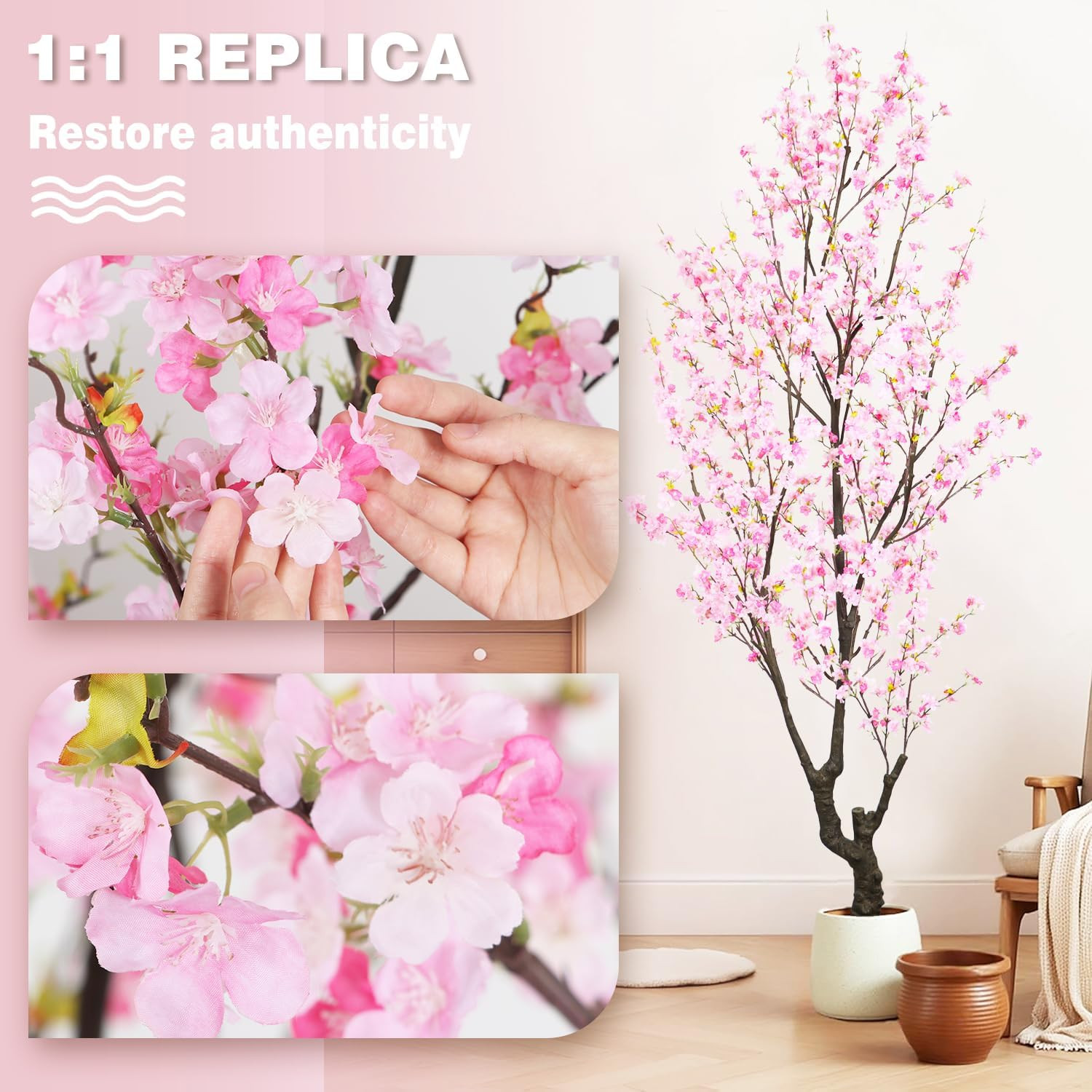 Faux Pink Cherry Blossom Tree 8Ft(96In) Tall Artificial Plant Indoor Decor Handm