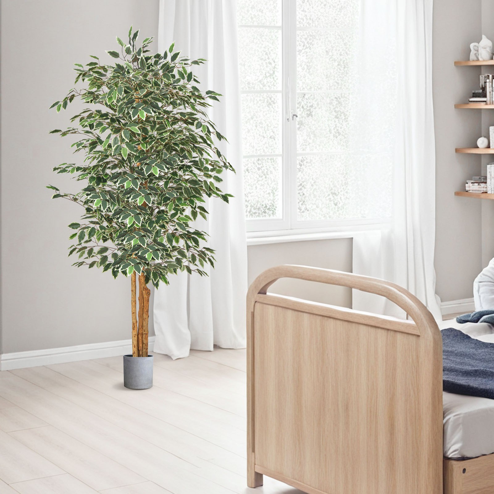 VEVOR 6FT Artificial Ficus Tree Tall Faux Plant with Black Pot for Indoor Decor