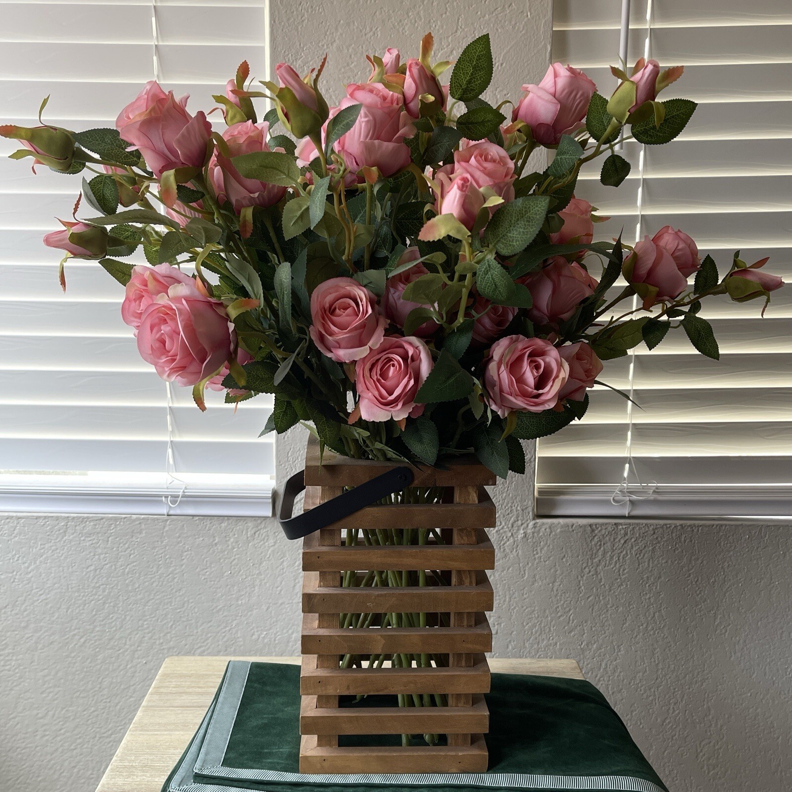 New Natural Wooden Brown Basket + 33 Silk Roses | Basket Flowers