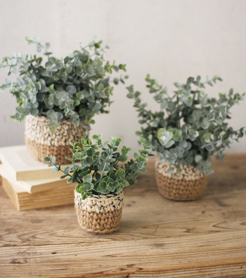 Set Three Faux Floral Eucalyptus Plants Round Woven Pots Permanent Greenery Pots