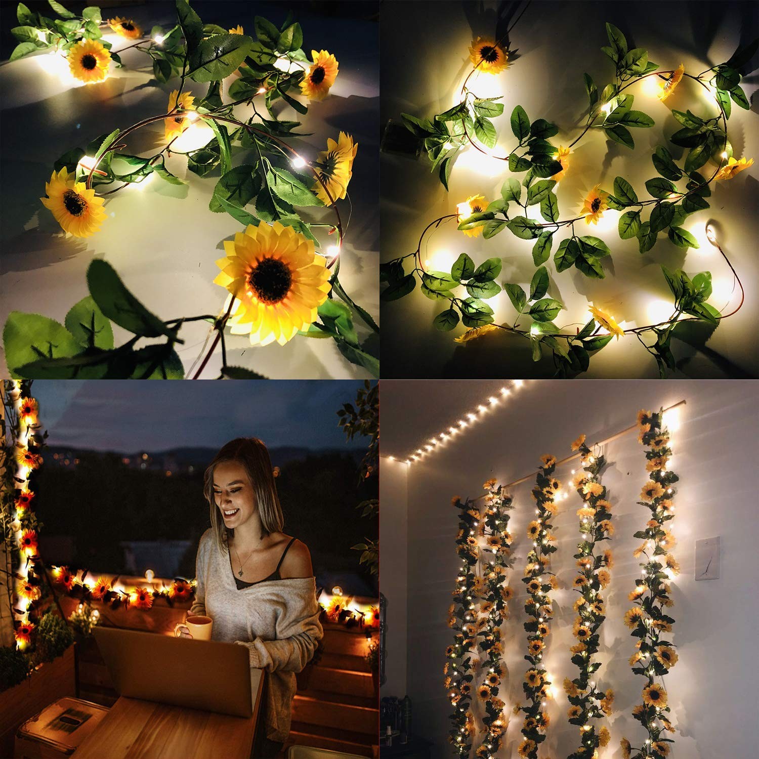 Artificial Sunflower Garland 2 Pack 8.8FT 100 LED Lights Indoor Outdoor