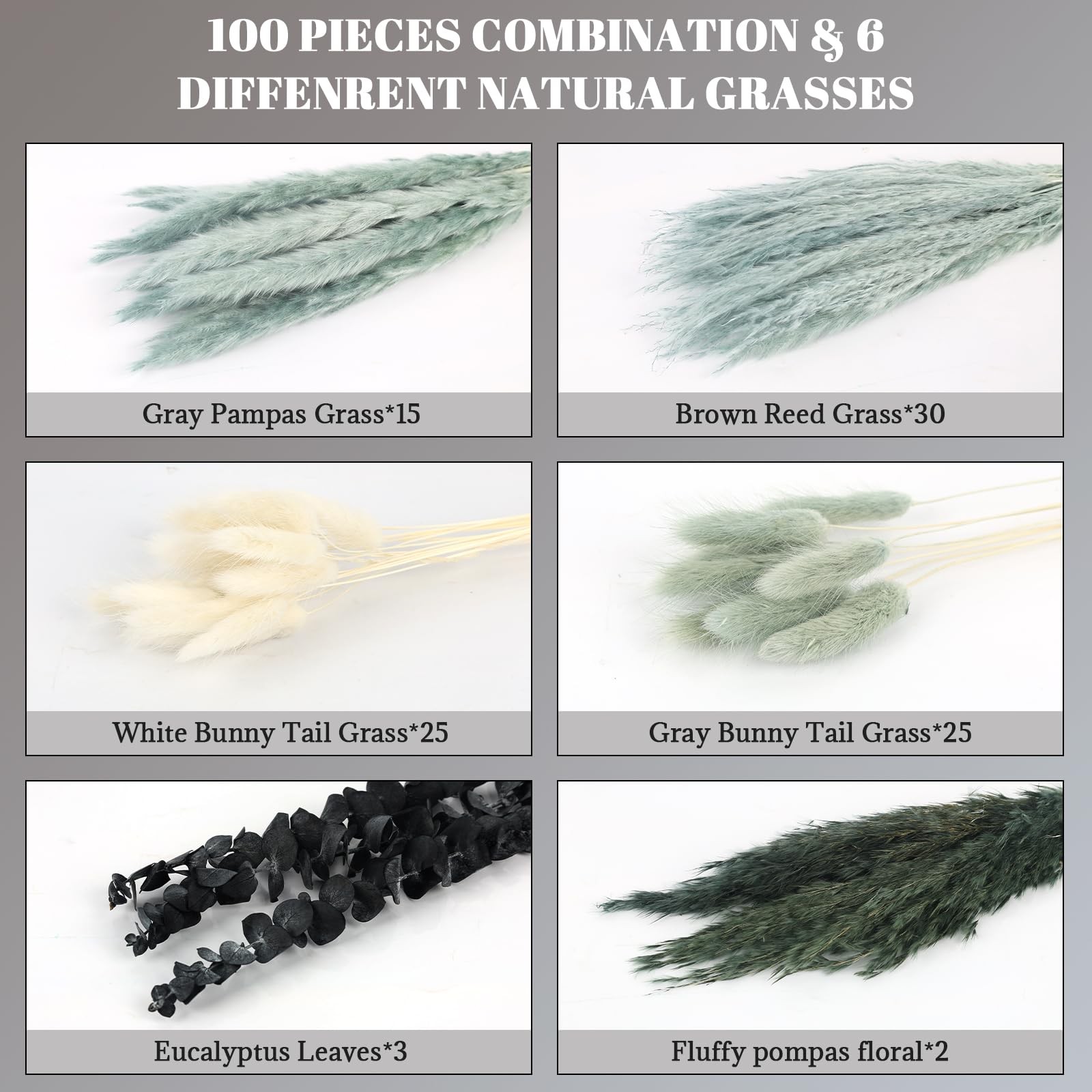 NT NETING 100Pcs Grey Pampas Grass Decor Natural Dried – Gray Pampas Grass Bu…