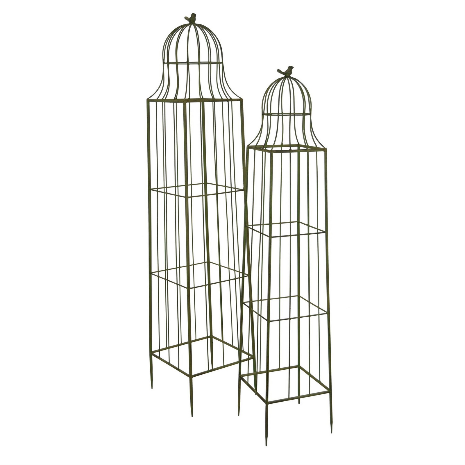 Benjara Meryl Plant Trellis Set of 2- Garden Tall Cage Design- Green Metal