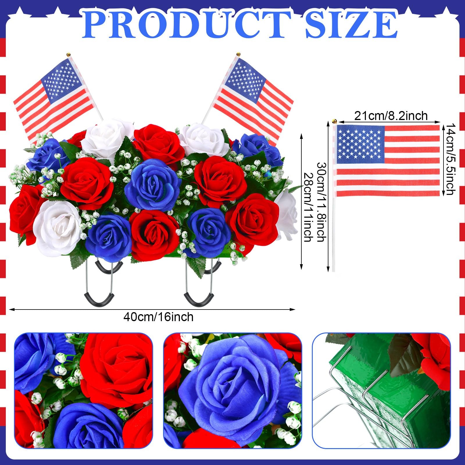 Patriotic Headstone Flower Saddle with Americans, 4th of July Red White Flag