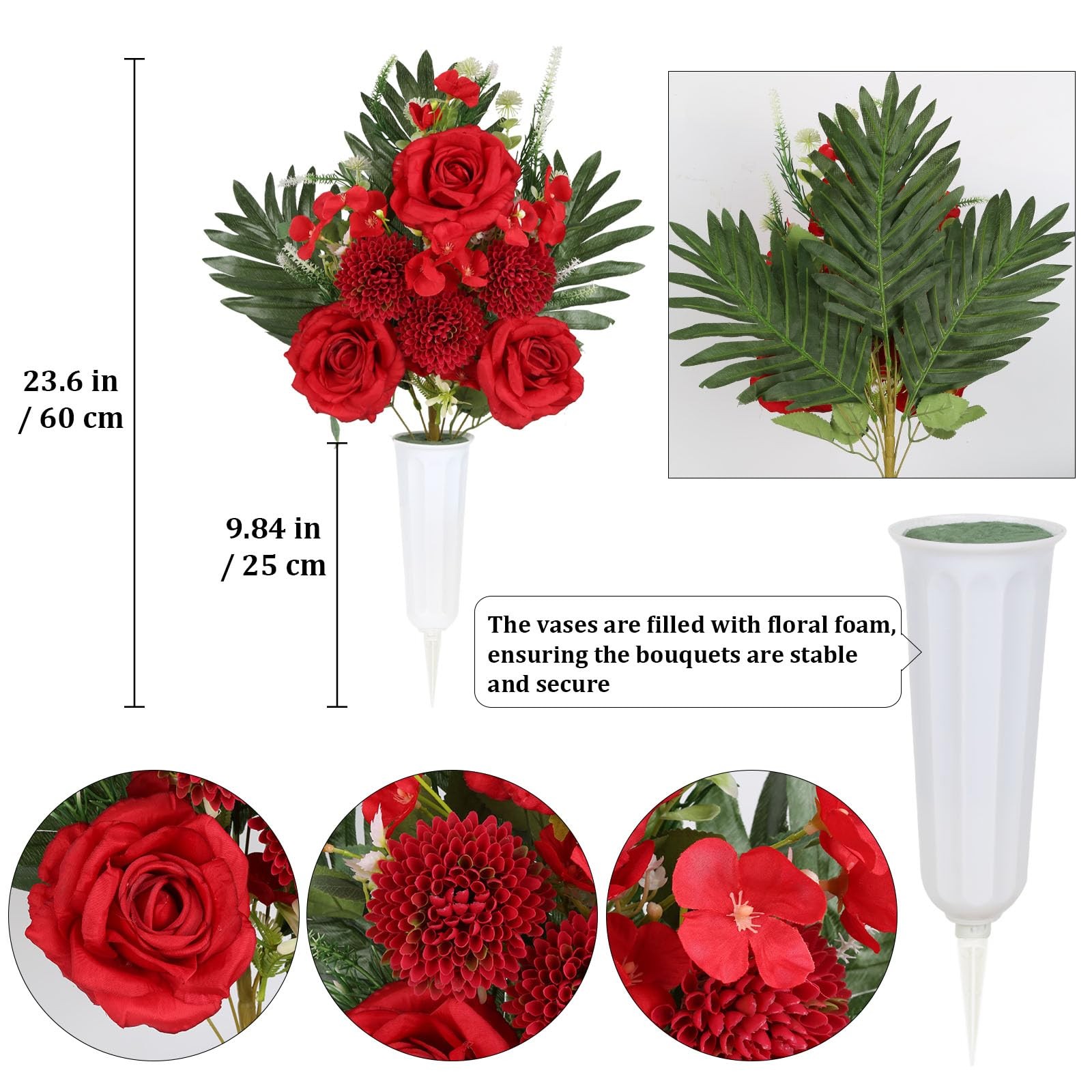 2 Sets Cemetery Flowers for Grave, Outdoor Roses Chrysanthemum Hydrangea Arti…