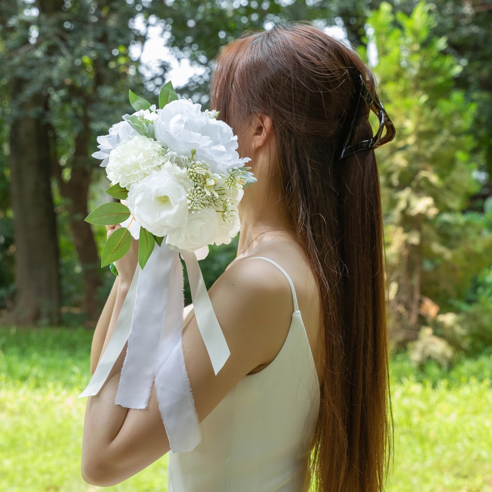 White Ivory Artificial Rose Flower Bride Bridesmaid Wedding Bouquet Ceremony