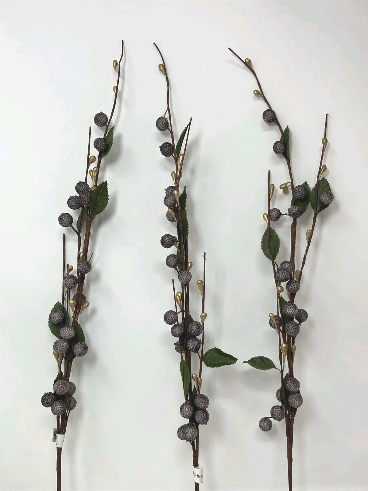 Sugared Berry Floral Pick 23” Purple and Gold Berries Green Leaves 3 Picks NOS