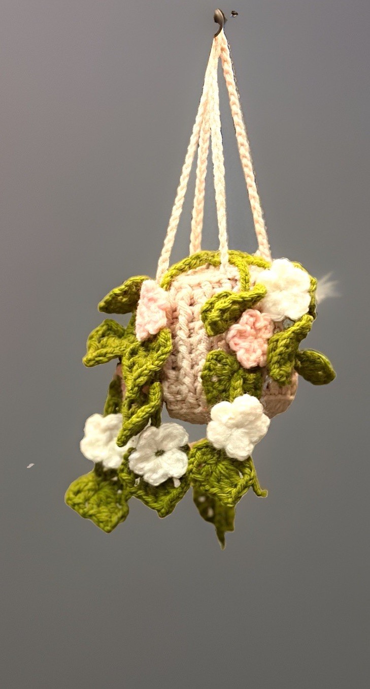 Handmade Crochet Artificial Flower Hanging Plant Arrangement Green Pink White