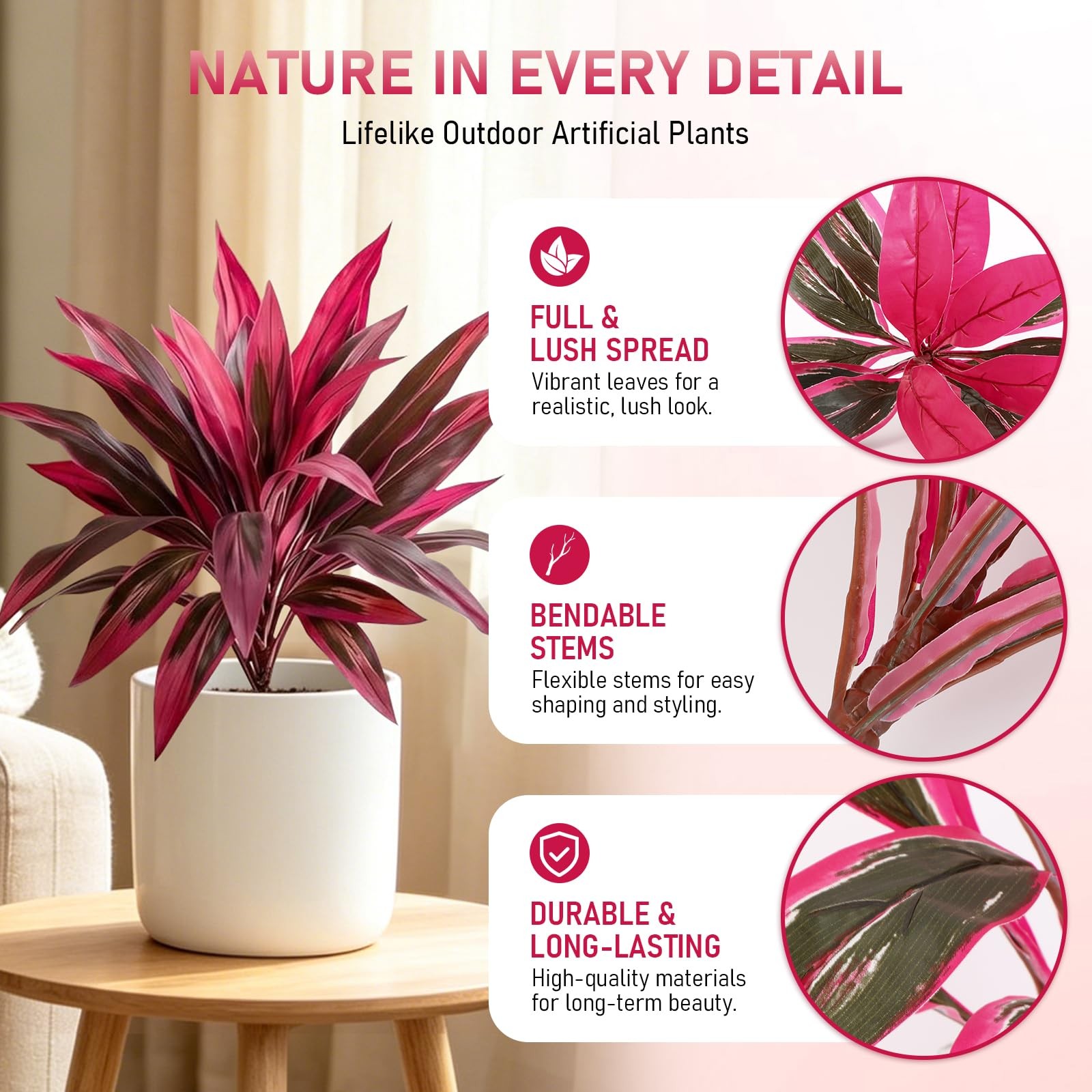 2pcs Artificial Boston Fern & Dragon’s Tree, Red/Pink
