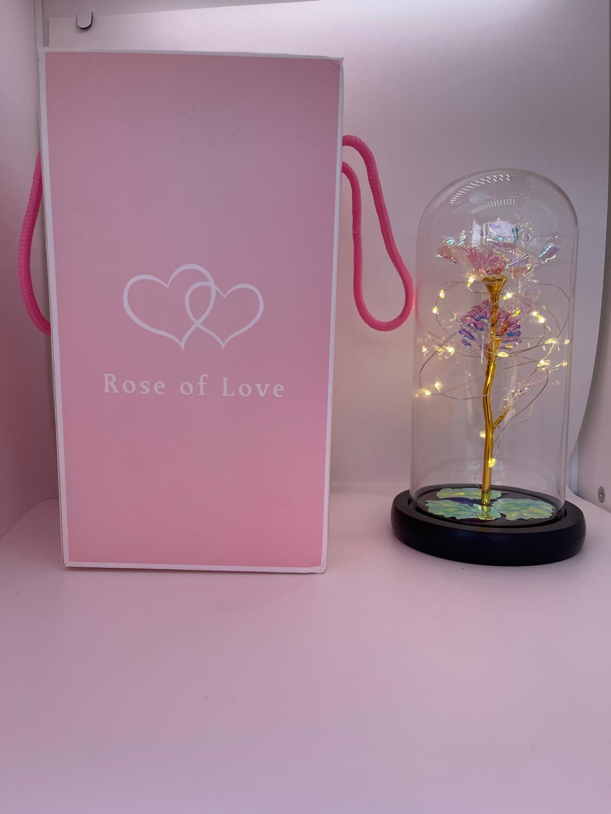 Eternal rose in a transparent dome with LED light. Valentine’s Day Gift