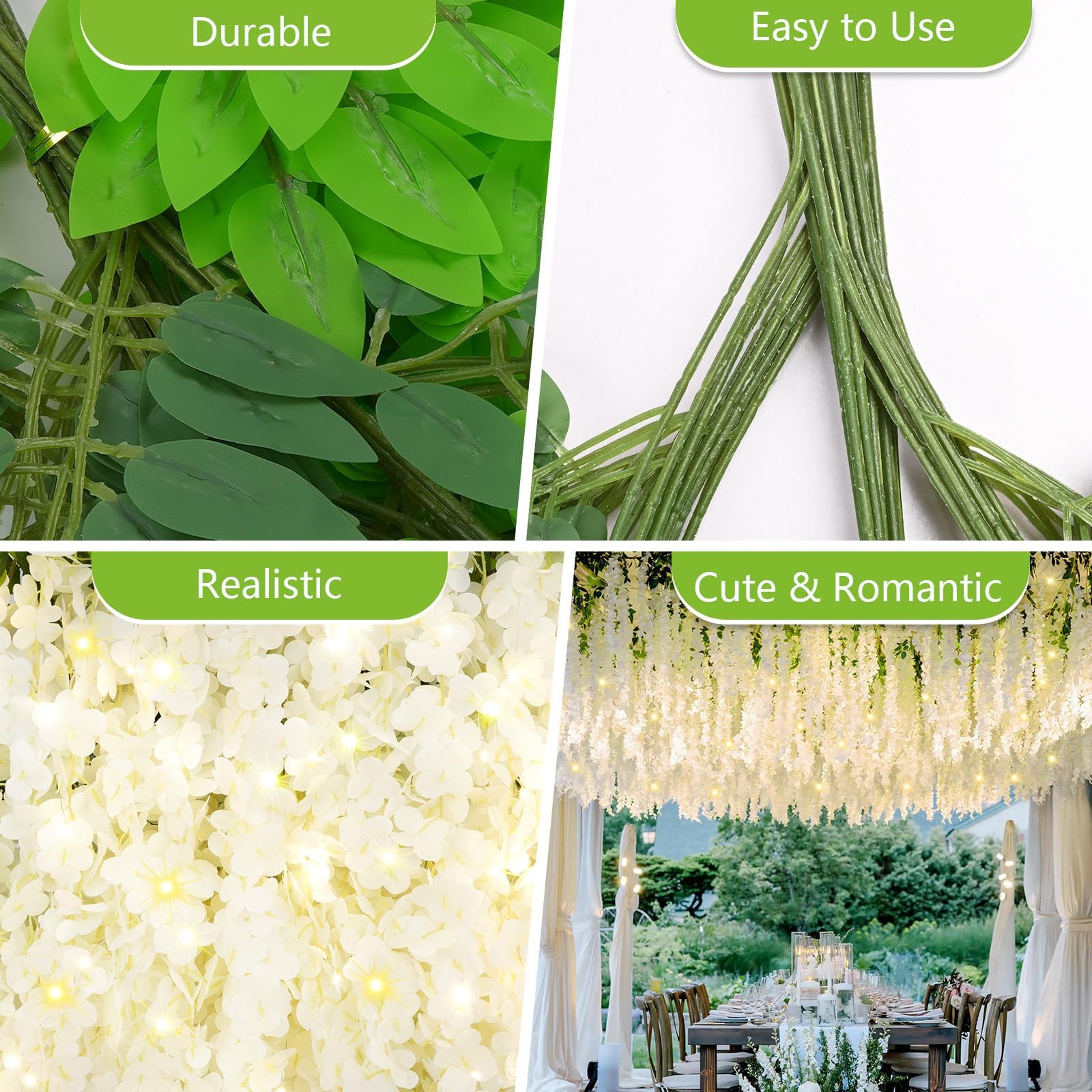 12Pcs Artificial Wisteria Hanging Flowers with Lights, 3.6Ft/Pcs White Fake W…