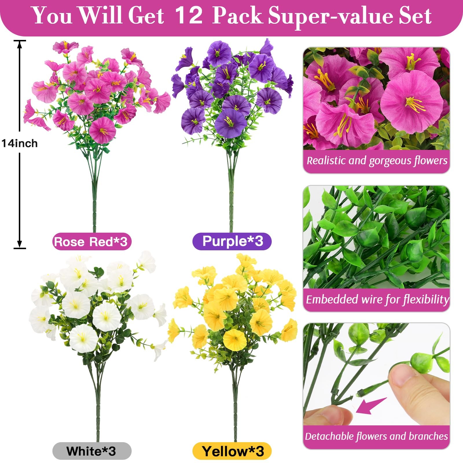 12Pcs Faux Silk Morning Glory with Eucalyptus, UV Resistant Realistic Artific…