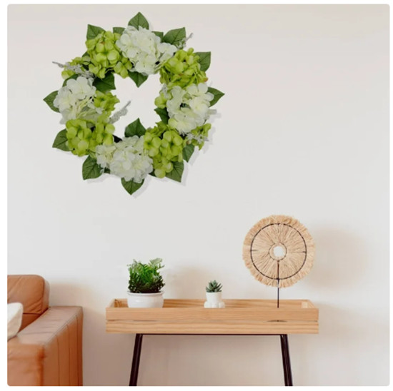 Artificial Floral Wreath 14″ Diameter Hydrangea, Cream and Green Colors