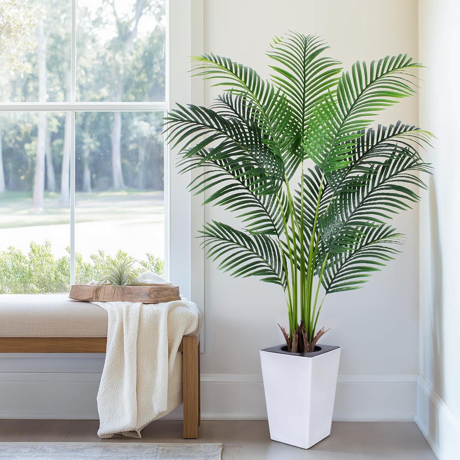 Artificial Palm Tree with White Tall Planter, 5Ft Tall Potted Artificial Silk Pa