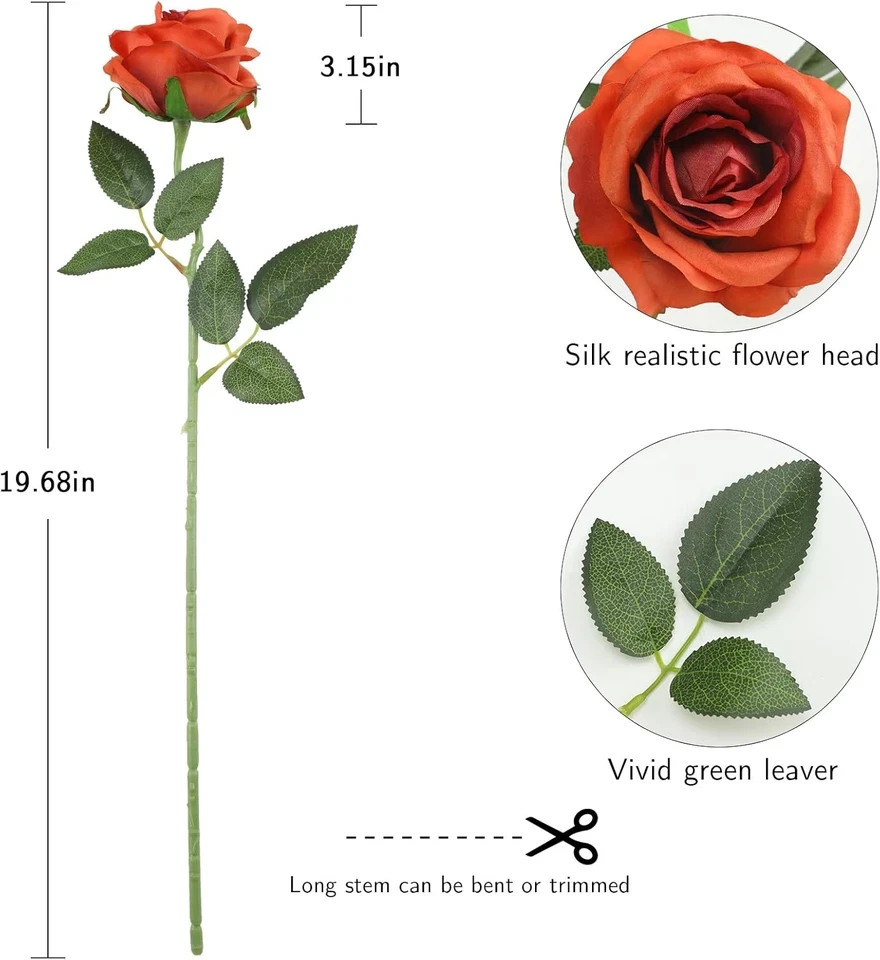 Orange Roses Artificial Flowers -12 Pcs Long Stem Silk Roses, Realistic Fake Ros