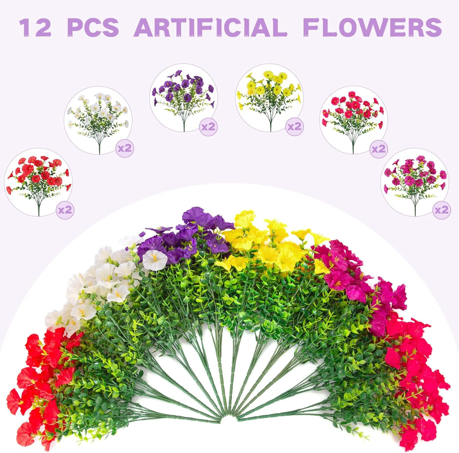 Artificial Flowers for Outdoors, 12 Bundles Fake Plastic Petunias Flower Plant,