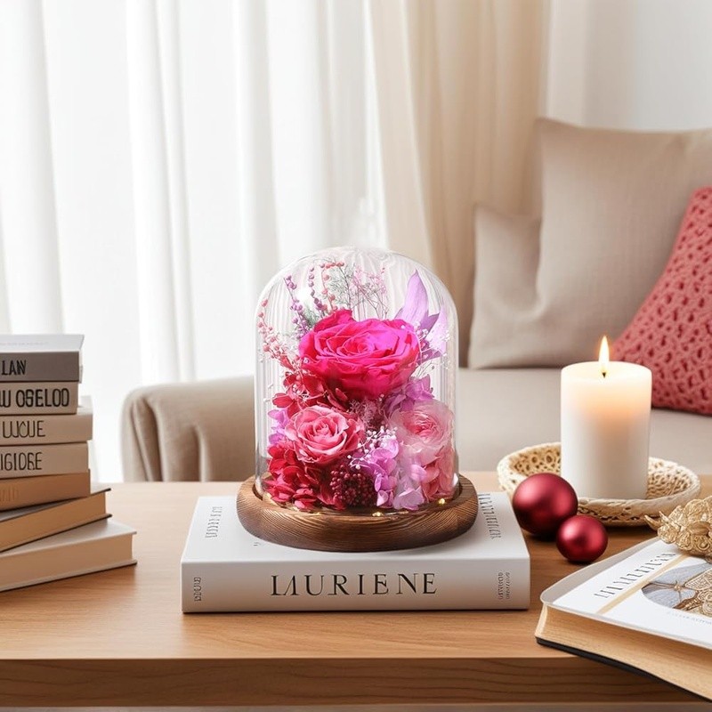 Long Lasting Preserved Roses in Glass Dome W/ LED Lights Unique Gift Idea New