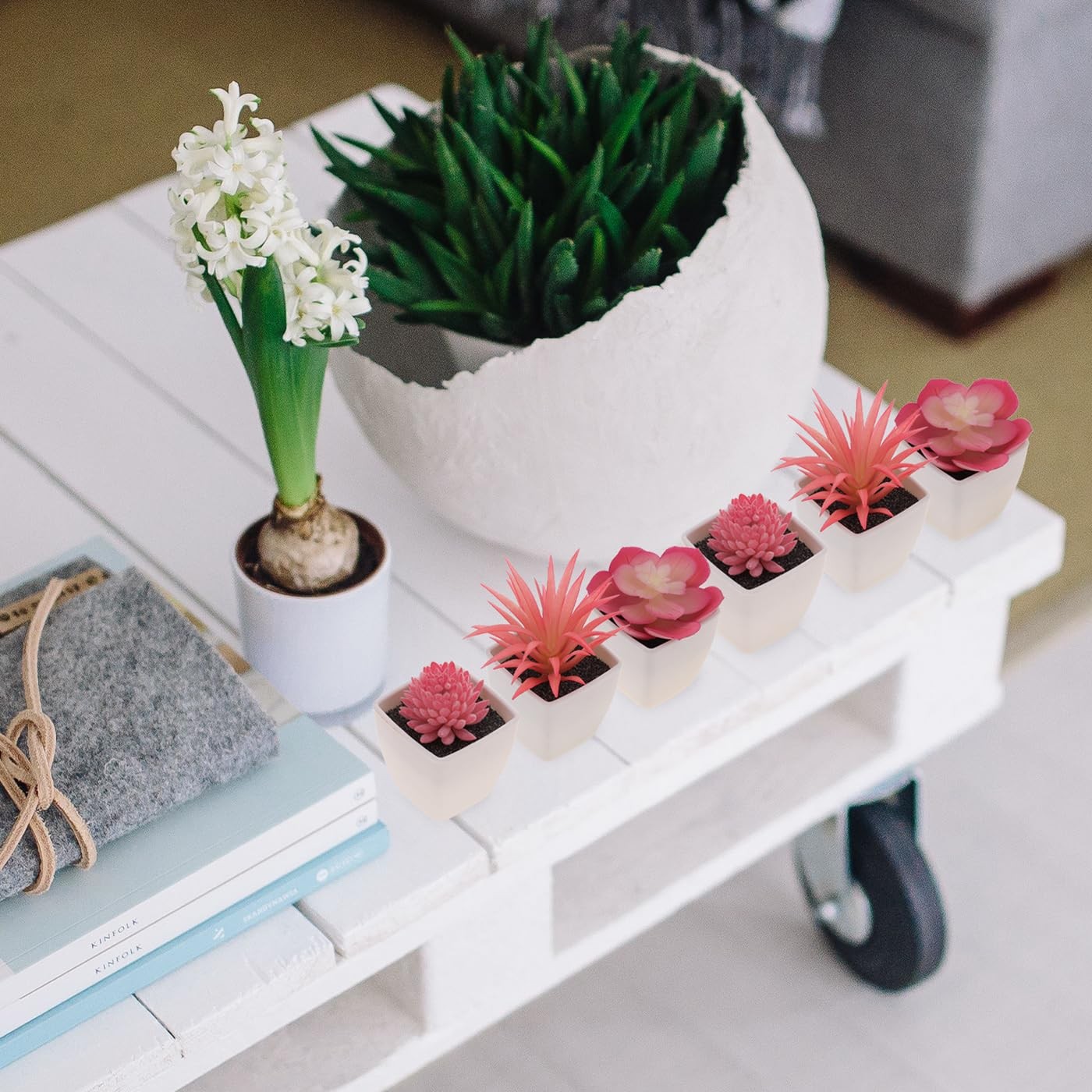 Mini Artificial Succulent Plants Fake Plastic Potted Succulents White 6 PCS