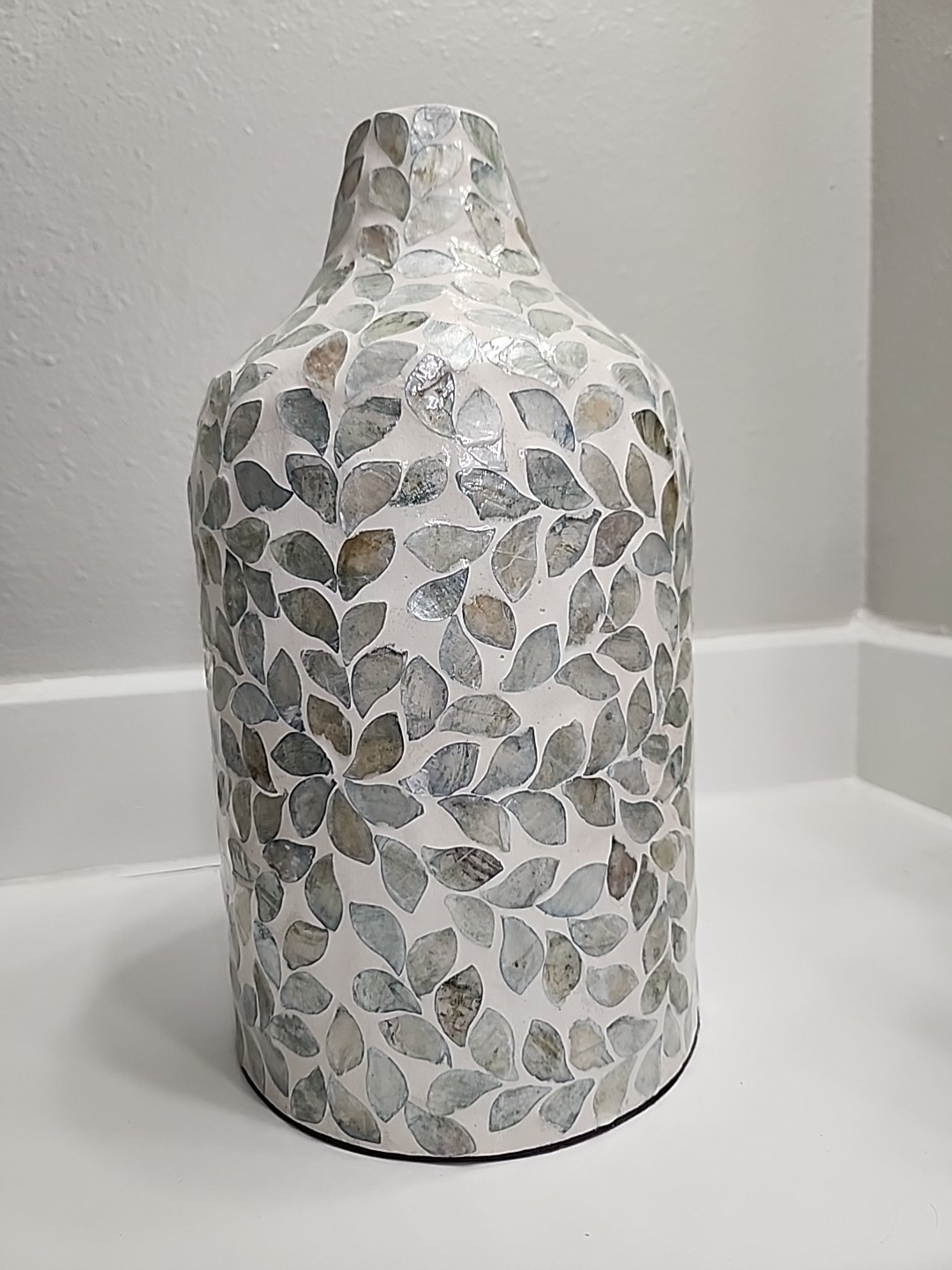 Handcrafted Textured Ceramic Vase Leaf Design Vietnam 12” Decorative Art