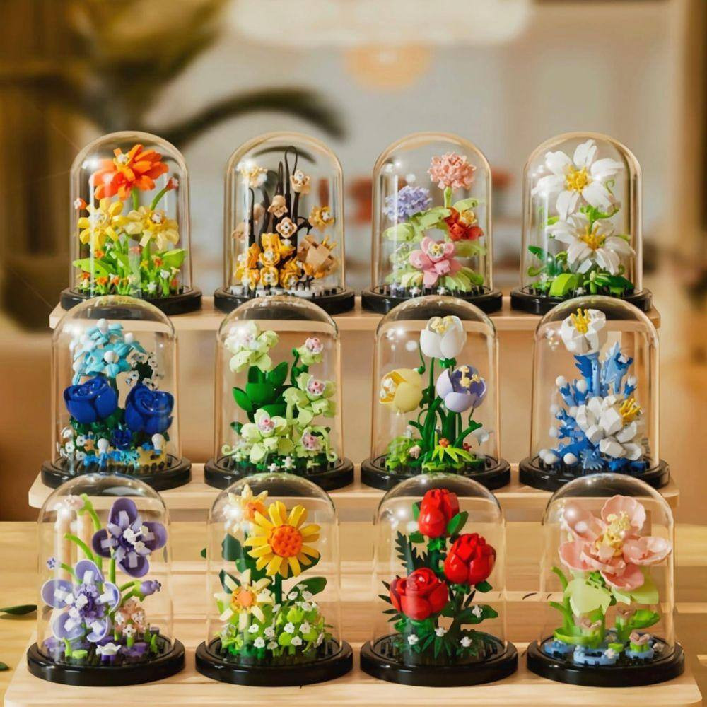 Artificial Flower Bonsai Tree Micro Building Blocks Kit with Dust Cover, Botanic
