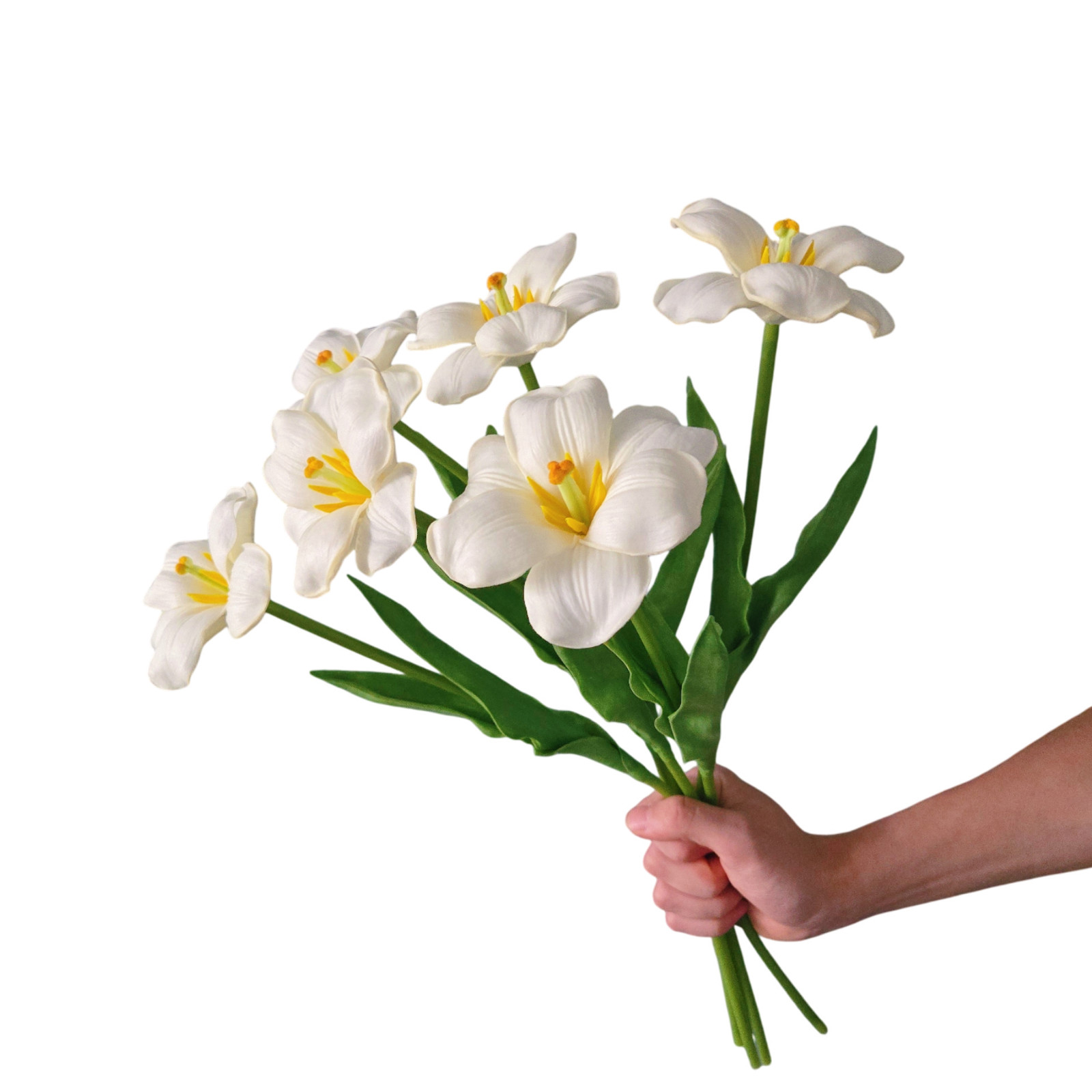 6PCS artificial fully bloomed tulips in pink, purple, and white for home décor.
