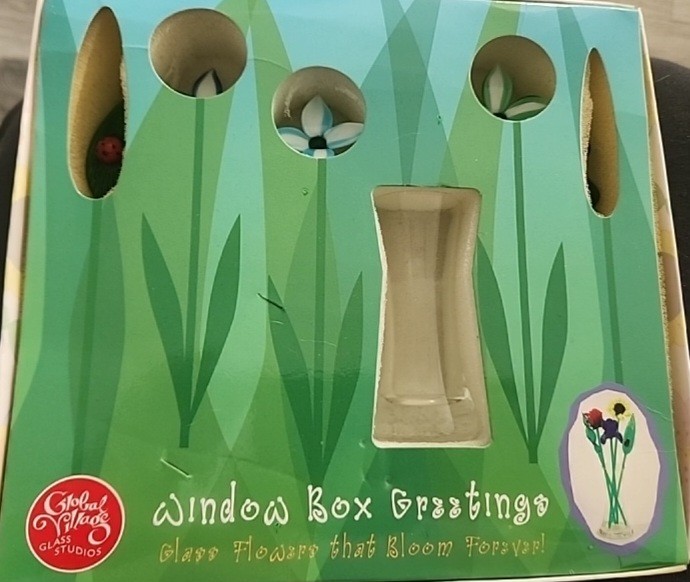 Window Box Greetings. Mini Glass Vase Flowers & Ladybug #746 Fantasy Flowers