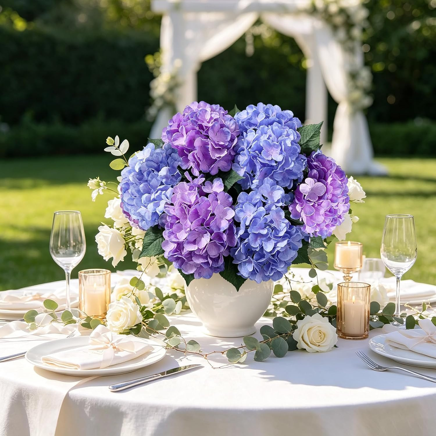 6 Pcs UV Resistant Purple Blue Silk Hydrangea Flowers for Outdoor Decor
