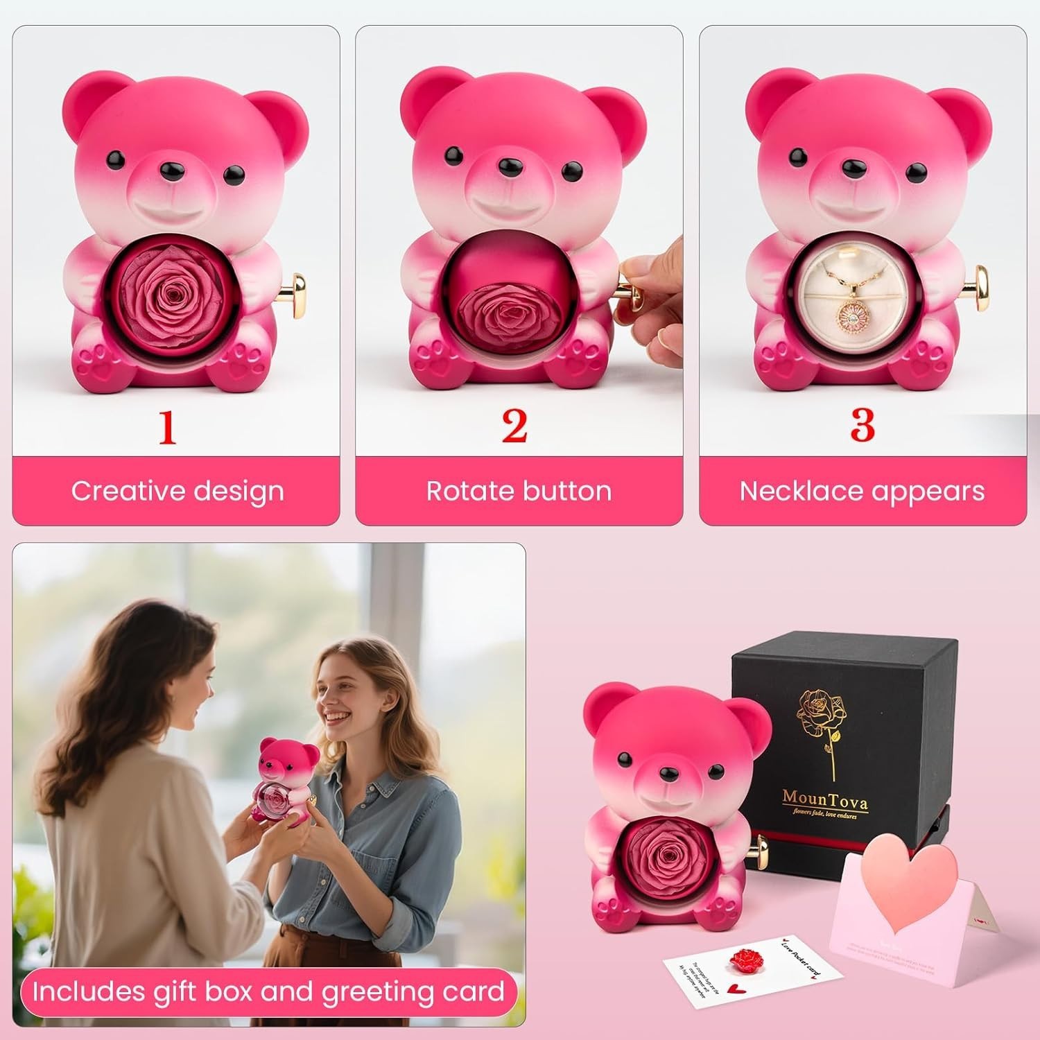 Cute Teddy Bear with Preserved Rose and Necklace, Elegant Bear Roses Gifts with