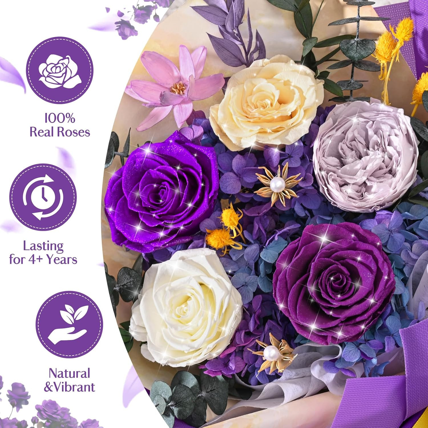 Yastouay 5 Pcs Glitter Purple Preserved Roses Flowers Bouquet, Forever Rose Flow