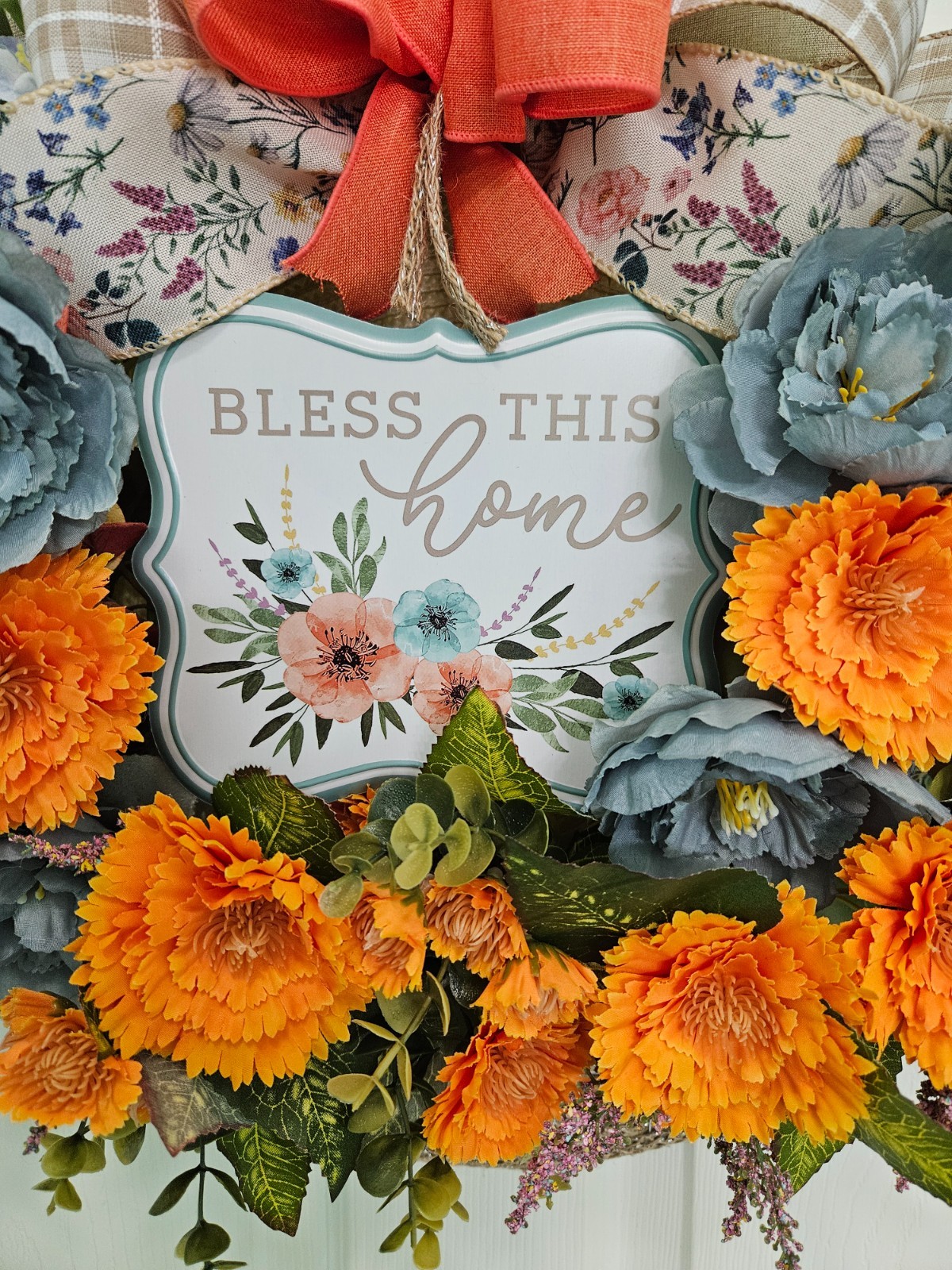 Fall Orange and Blue Blessing Basket Wreath, Faux Florals Flowers