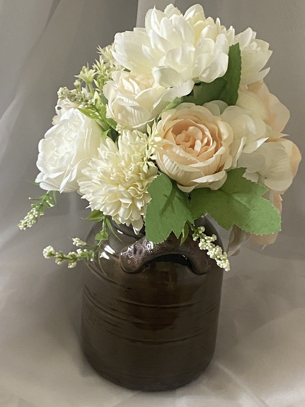 Array of Flowers Dahlia Roses Mums &more in a shiny green jug style vase Floral