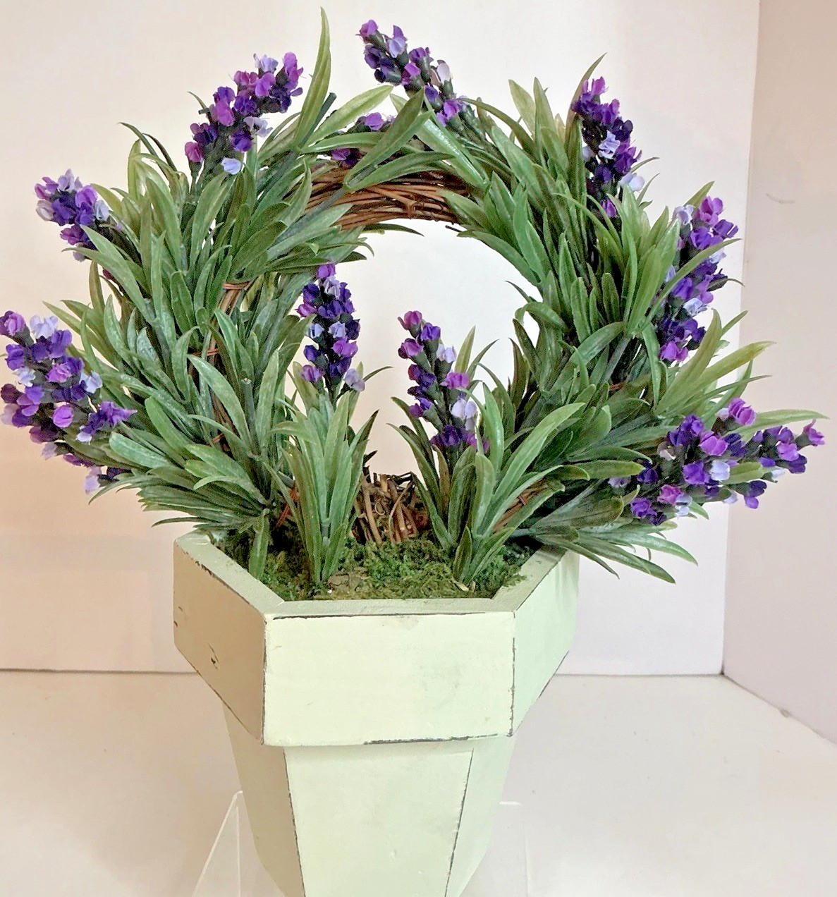 Artificial Lavender Topiary Plant 11×10 In White Wooden Pot Farmhouse Decor