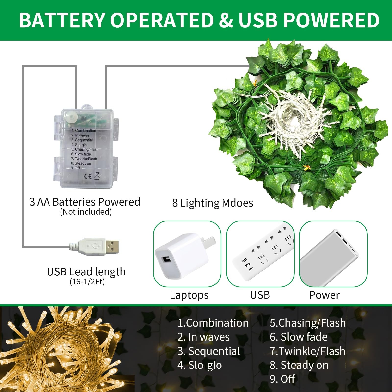 Artificial Vines with LED Fairy Lights, 33ft Green Silk Ivy Garland, 8 Light …