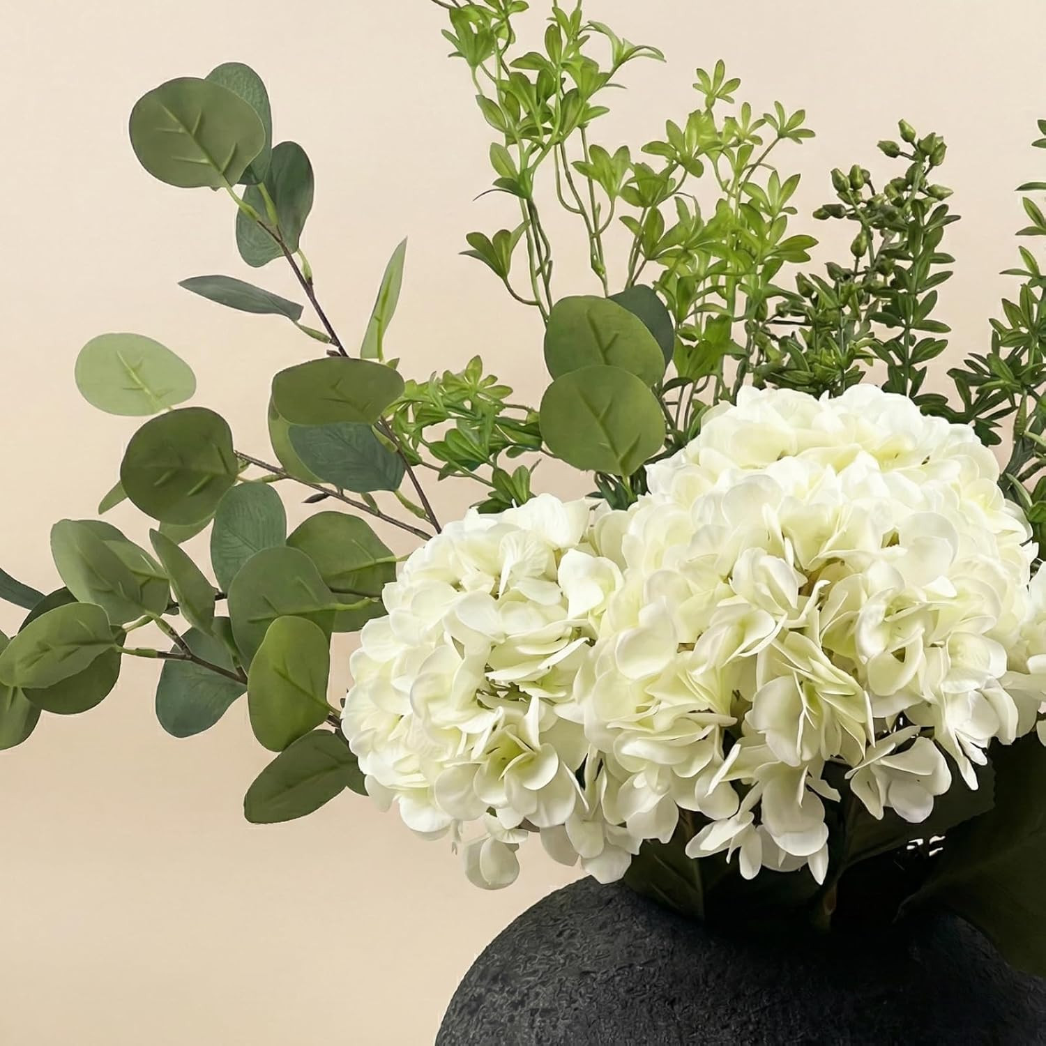 Eucalyptus & White Hydrangea Faux Floral Arrangement, 30″ Tall Centerpiece