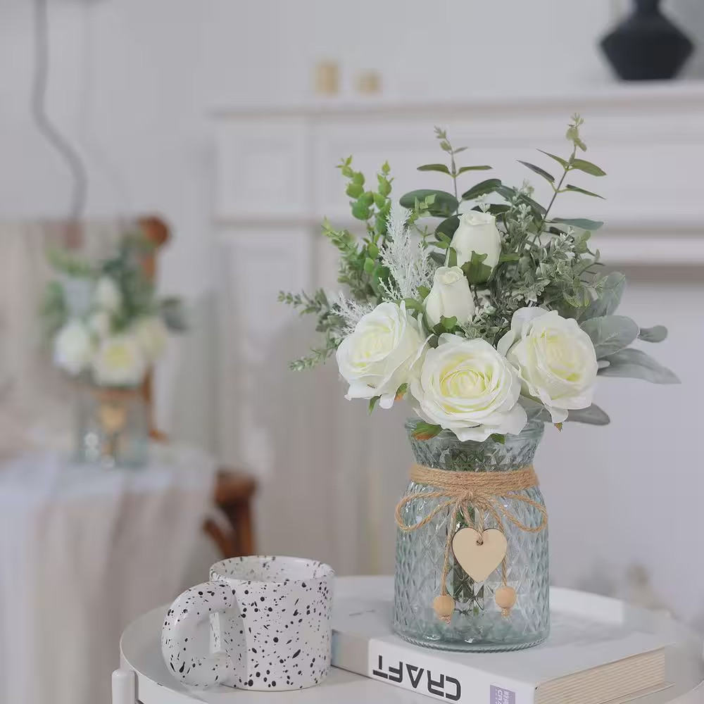 Faux Flowers with Vase 14.5 In. White Artificial Silk Roses Eucalyptus Flower Ar