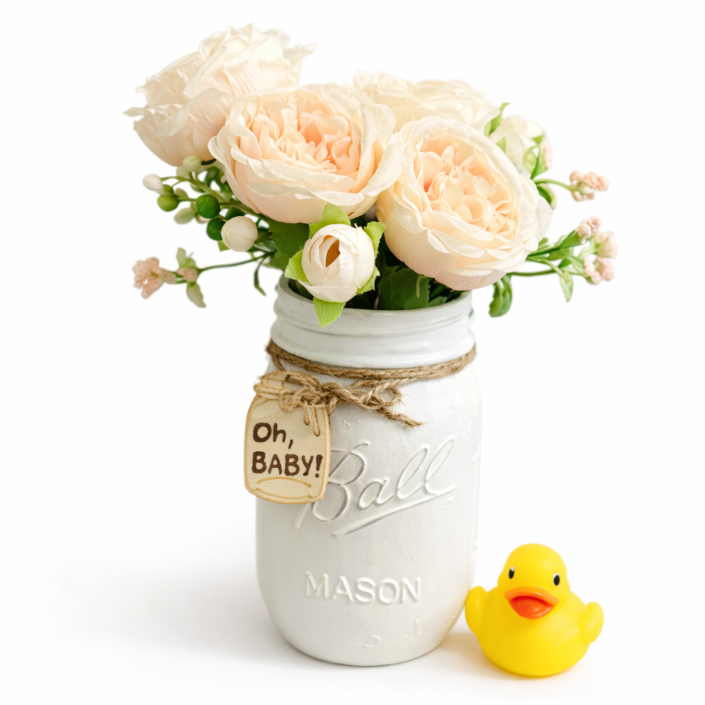 Pink English Rose Mason Jar Arrangement Baby Shower Centerpiece Nursery Decor