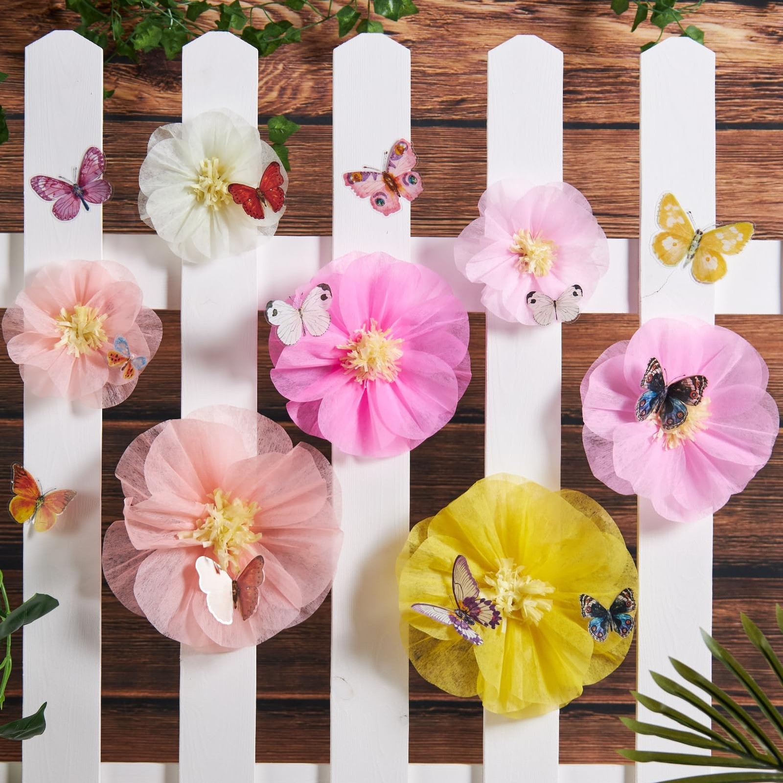 Large Paper Flower Decorations with 3D Butterfly Stickers Pink Yellow Giant T…