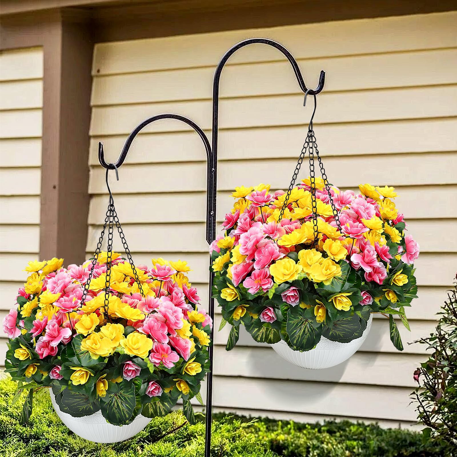 Set of 2 Artificial Flowers with Hanging Baskets Pre-Assembled Silk Fake Large